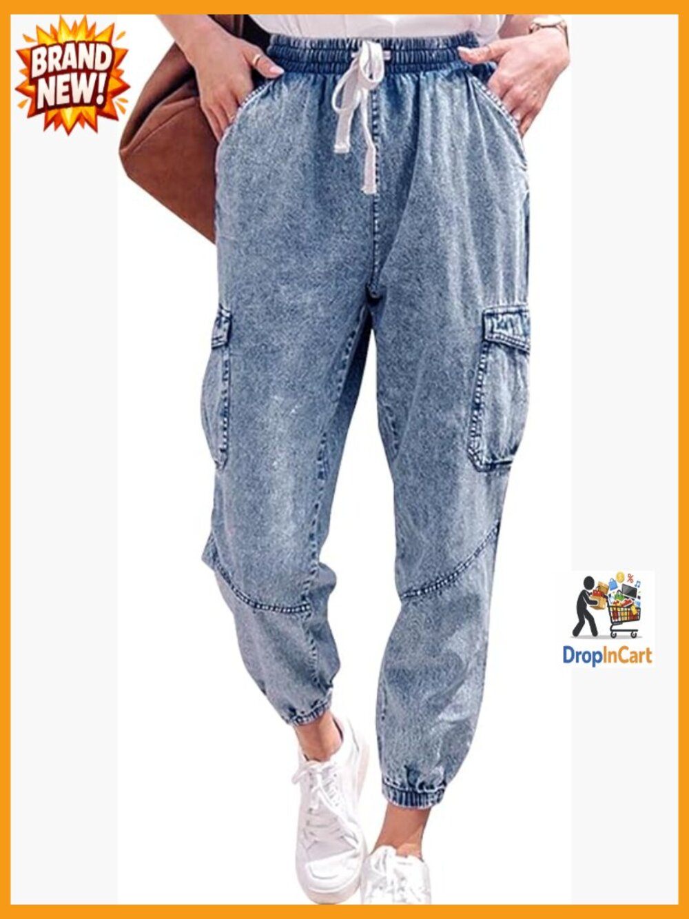High Waisted Denim Joggers Drawstring Elastic Waist Stretch Cargo Pants